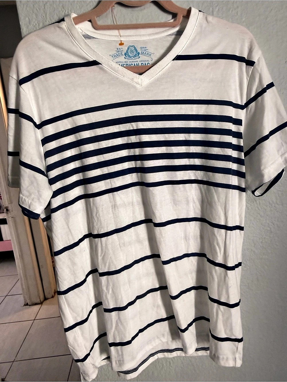 American Rag Striped V-Neck Tee in White & Blue Size Large